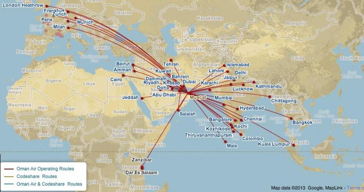 Oman air 항공편 지도